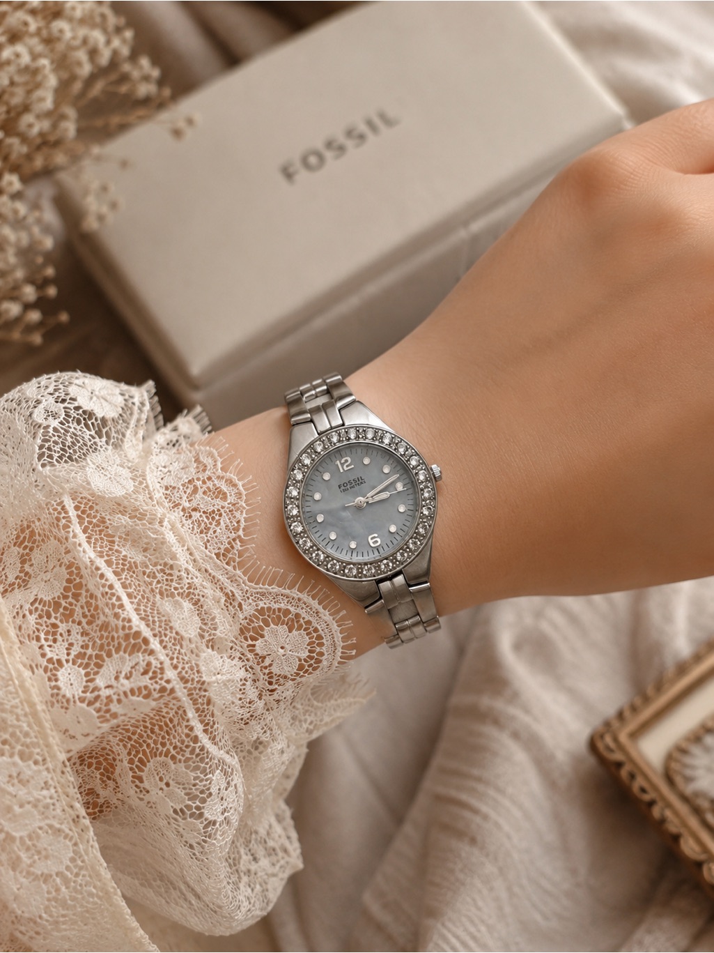 Fossil Silver Stainless Steel Watch With Light Blue Dial And Crystal Bezel